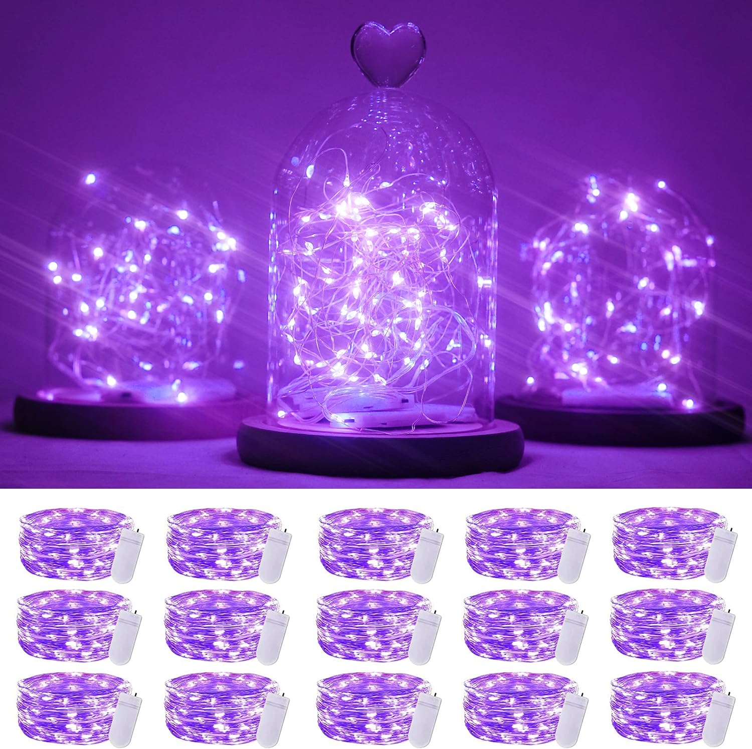 15 Pack Purple Fairy Lights, 20 LED Each, 6.6 ft, Battery, Waterproof