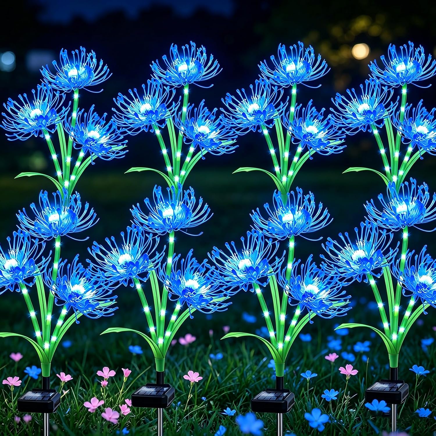8 Pack Solar Garden Flower Lights, 3 Heads per Stem, Blue