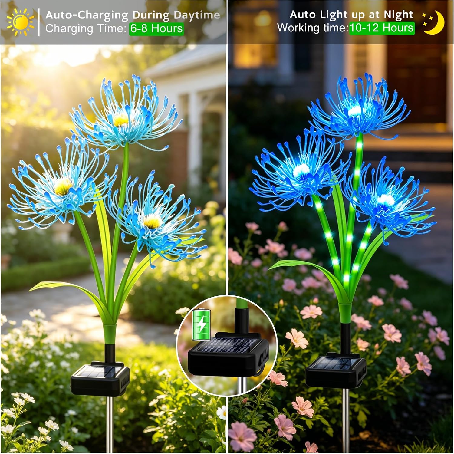 8 Pack Solar Garden Flower Lights, 3 Heads per Stem, Blue