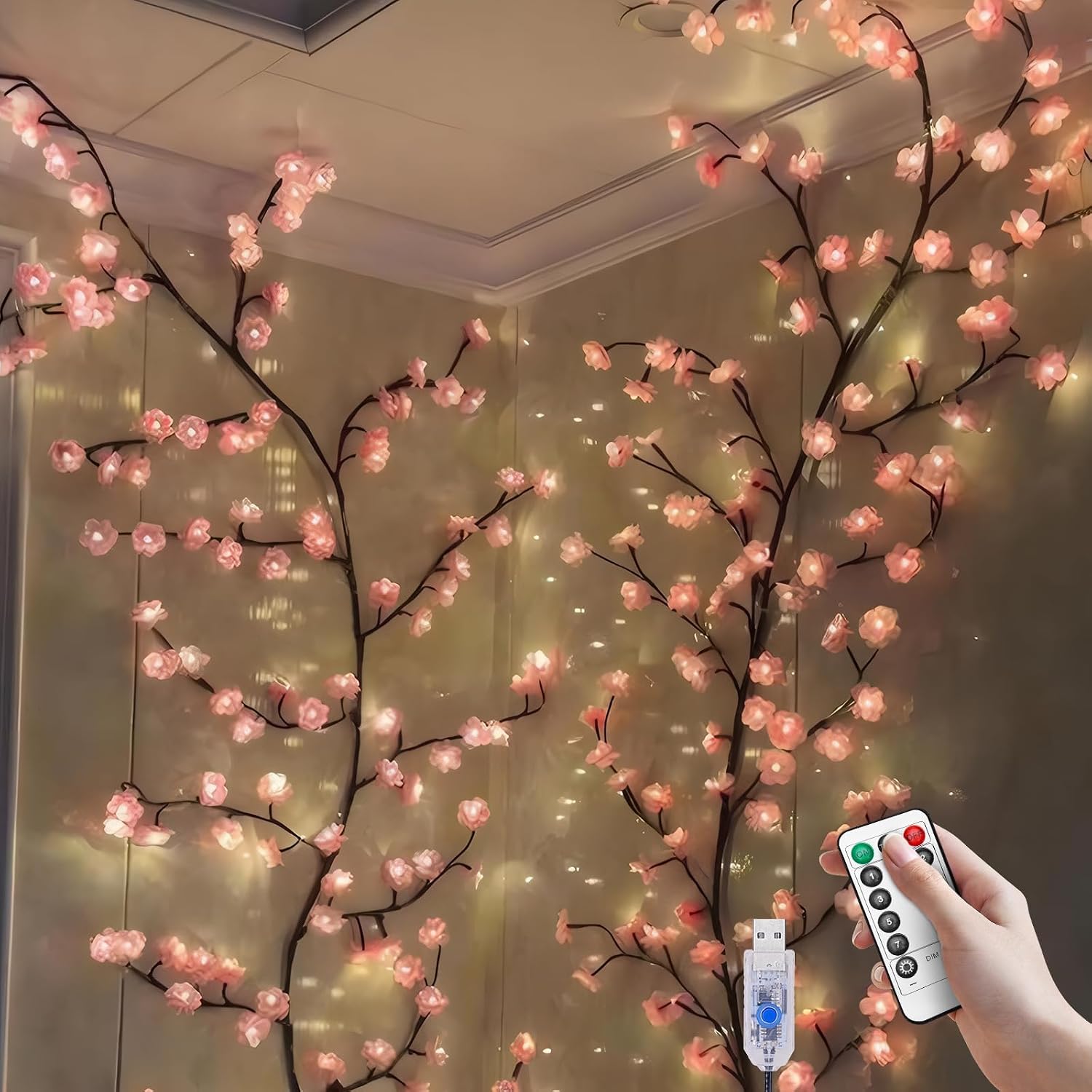 Cherry Blossom Branch Lights for Wall, 48 LED Willow Vine Garland