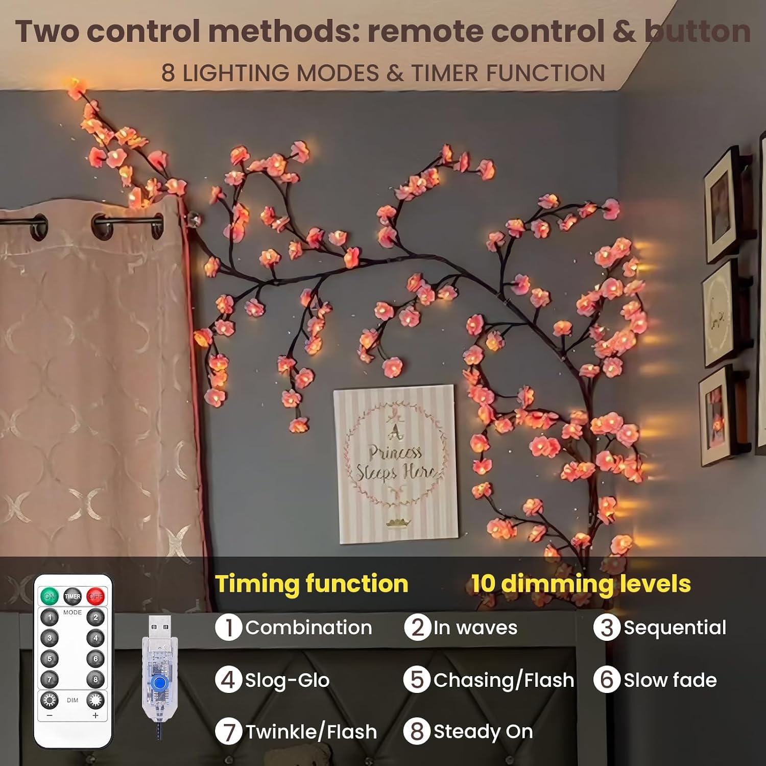 Cherry Blossom Branch Lights for Wall, 48 LED Willow Vine Garland