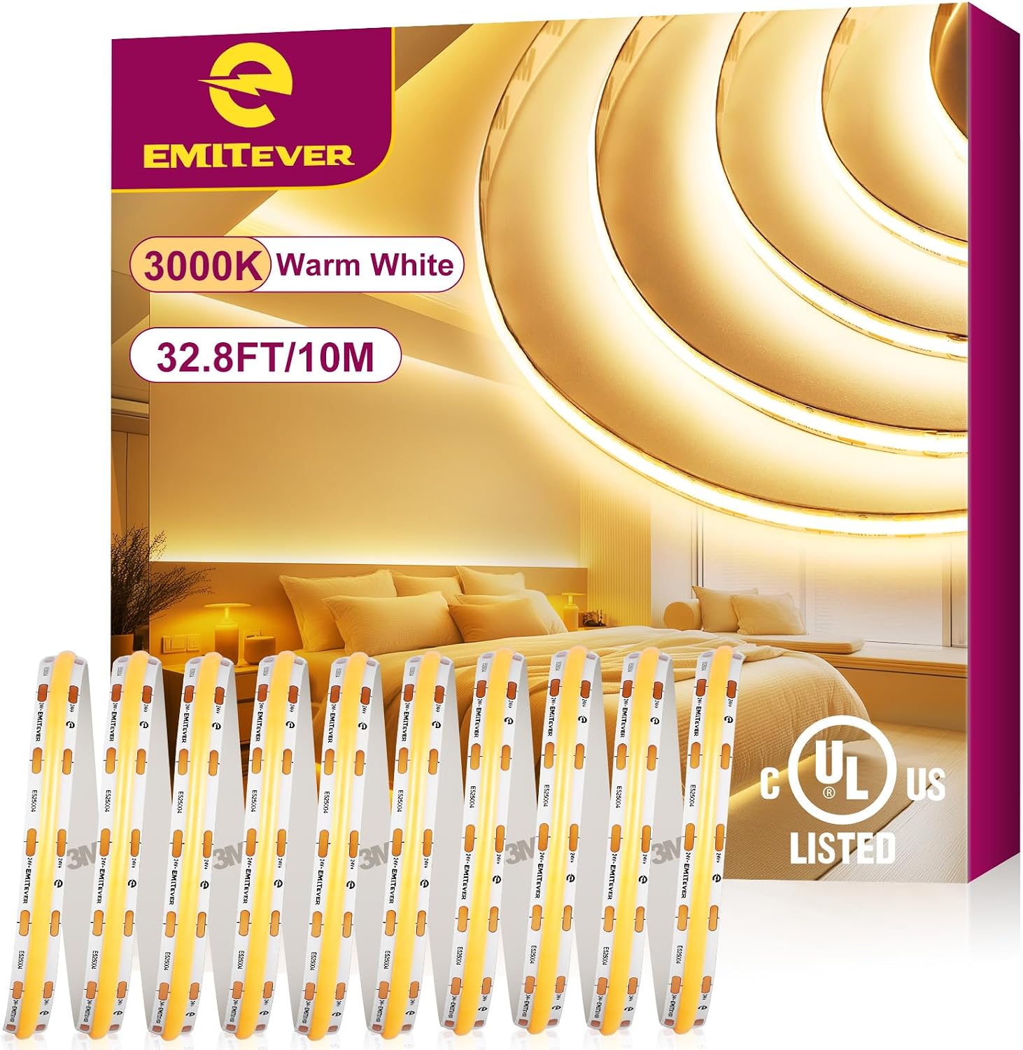 COB LED Strip Light 32.8 ft, Warm White 3000K, 24V, 4800 LED