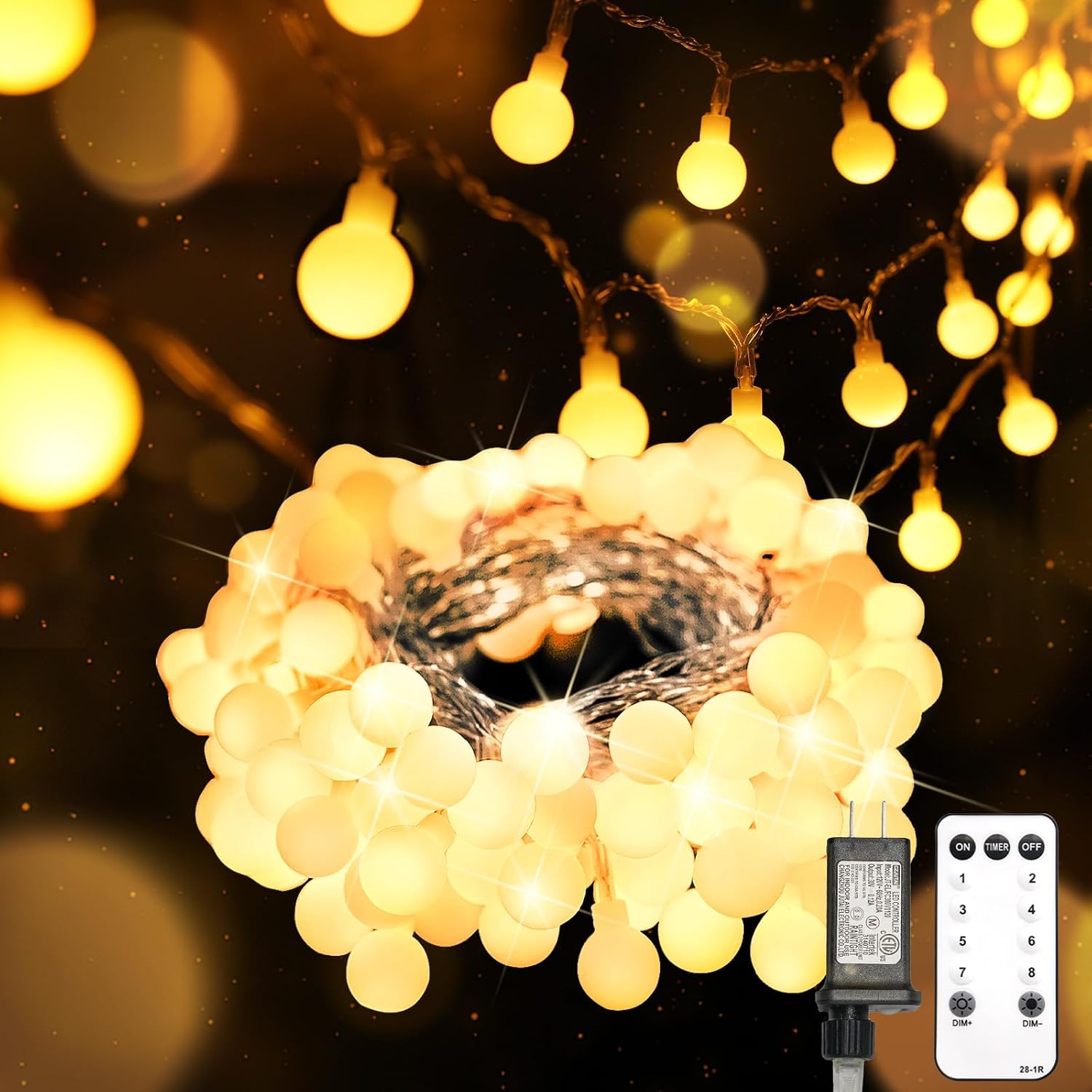 Connectable Globe String Lights 43 ft, 100 LED, Warm White with Remote