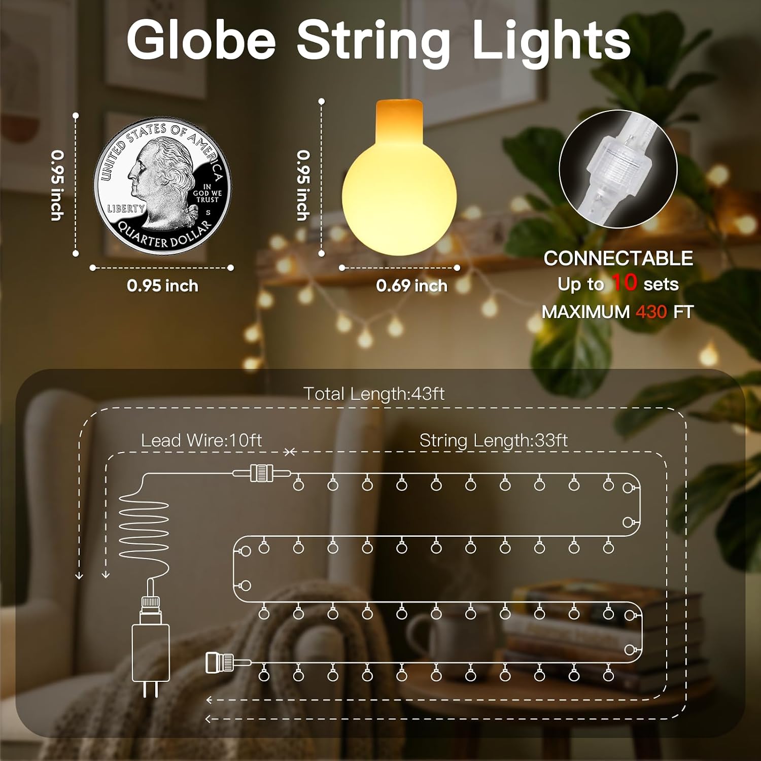 Connectable Globe String Lights 43 ft, 100 LED, Warm White with Remote