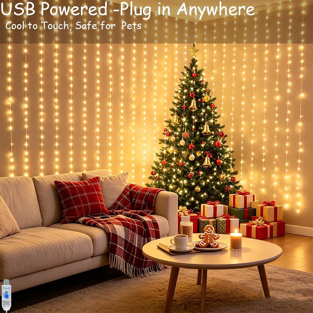 Curtain Fairy Lights, 250 LED, Warm White USB with 8 Modes and Timer