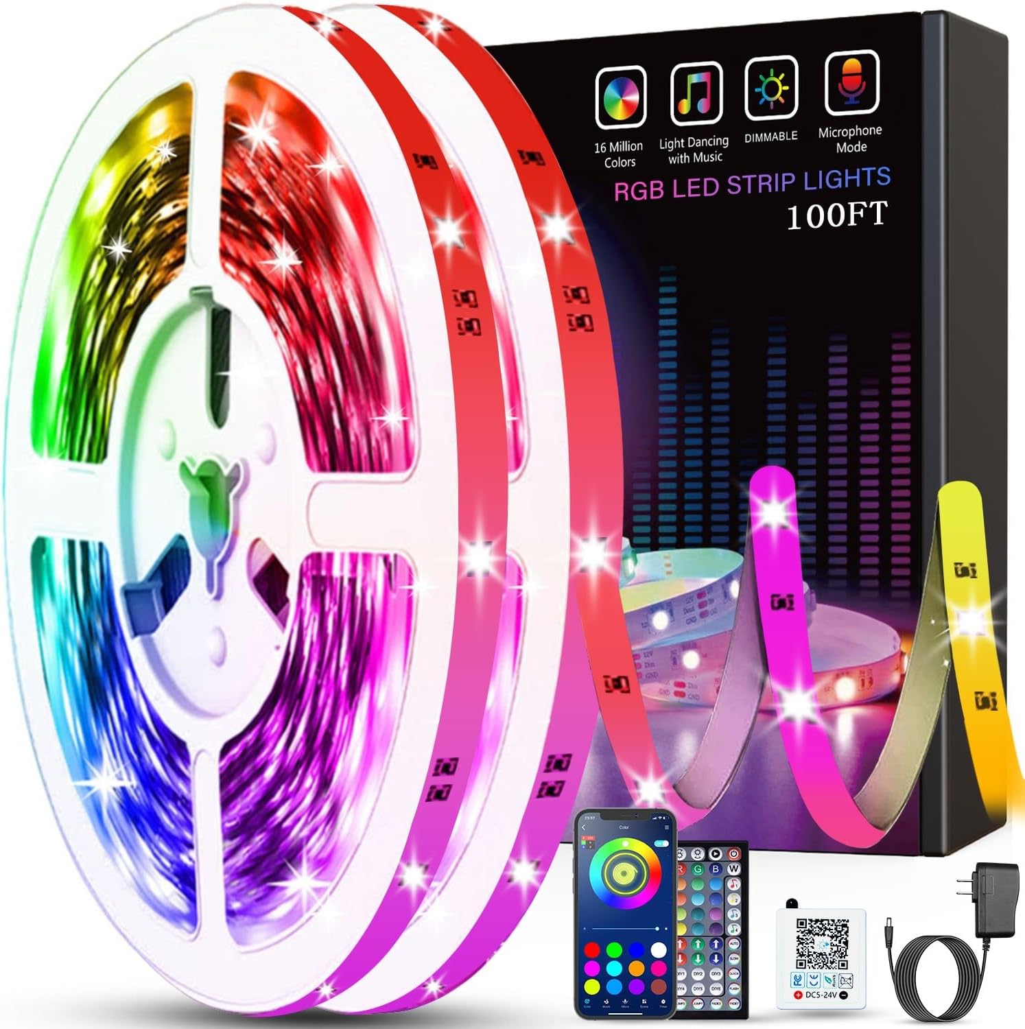 LED Strip Lights 100 ft, 2 Rolls of 50 ft, Music Sync with Remote