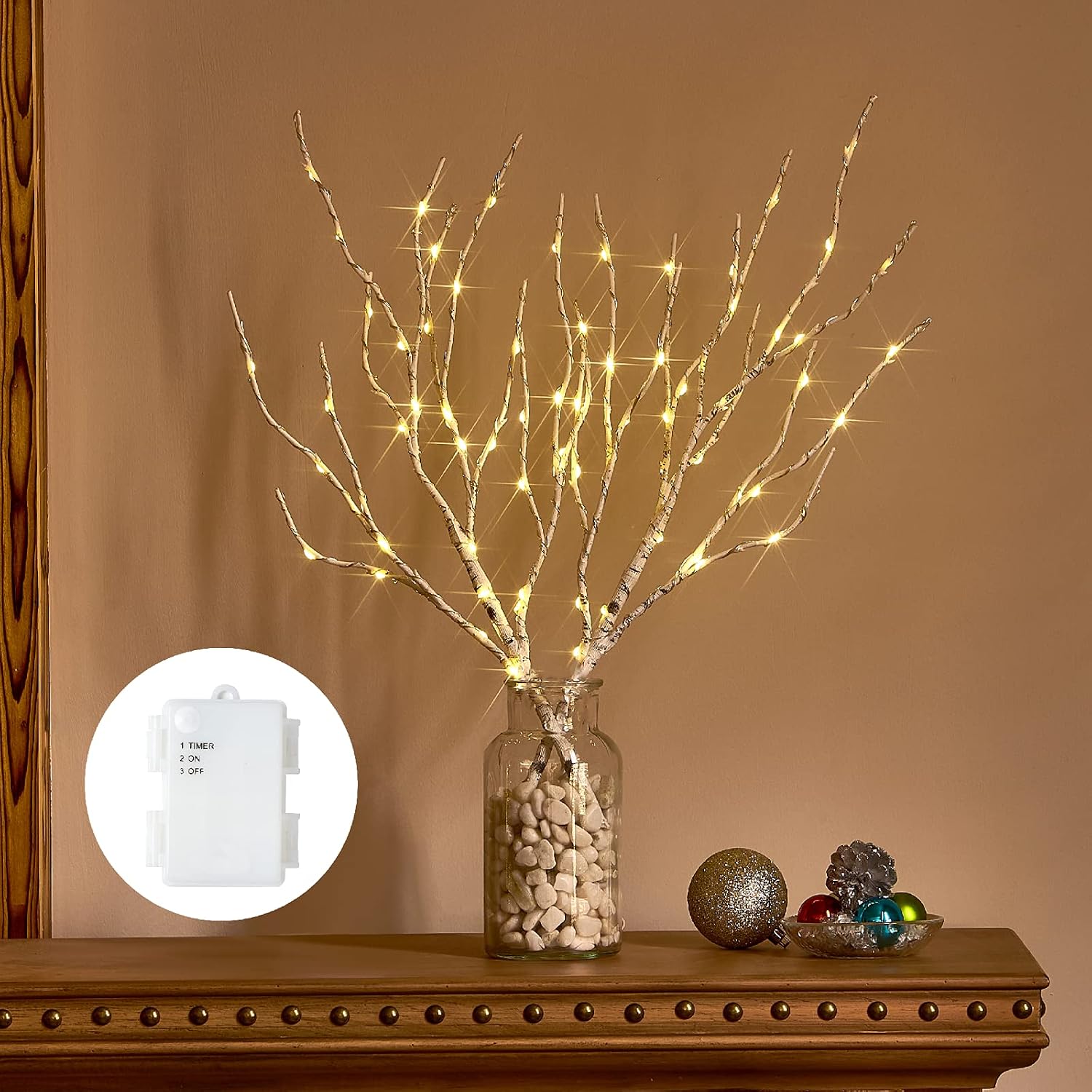 Lighted Birch Branches 18 in, 70 LED, Battery with Timer, Warm White