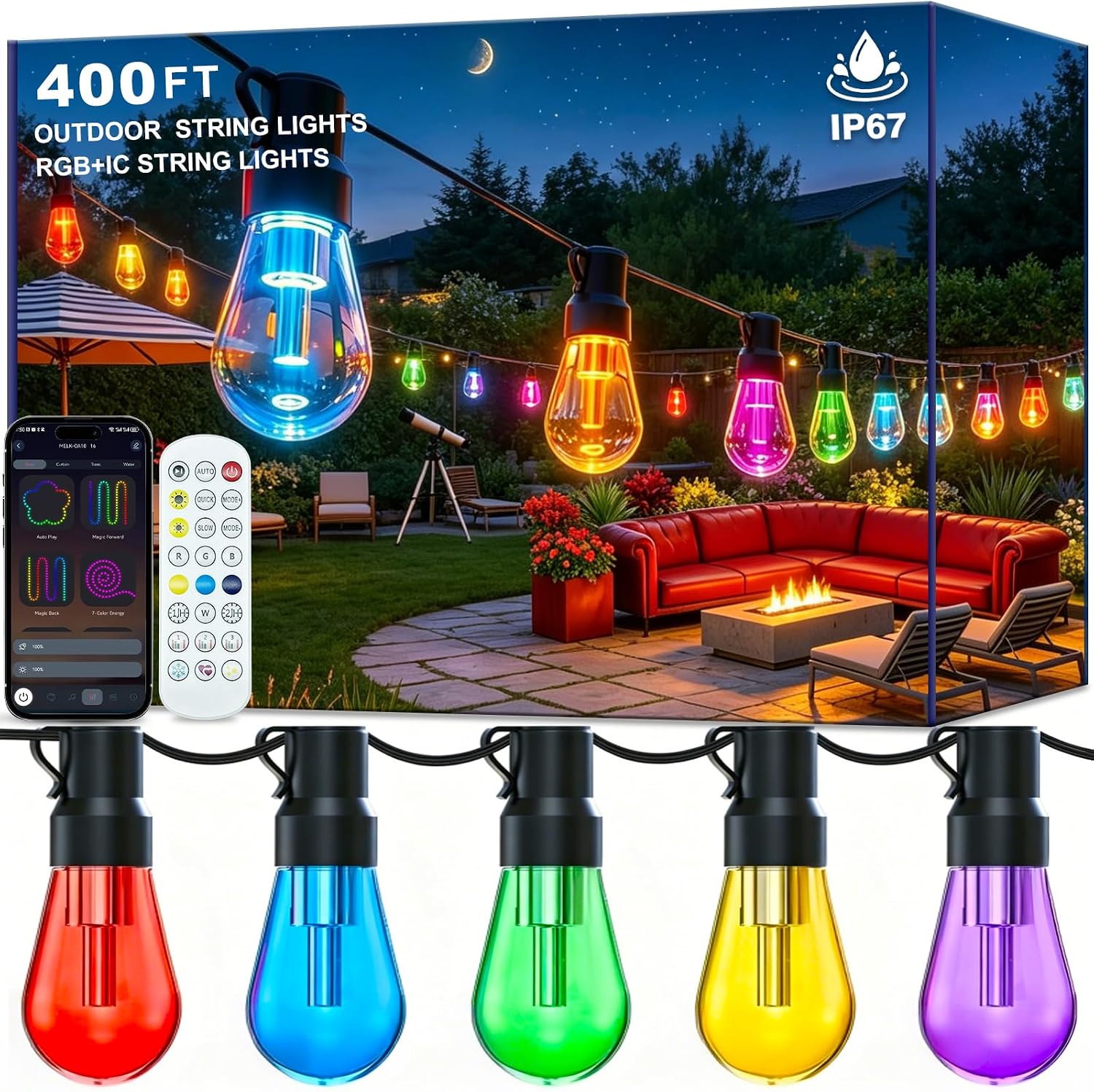 Outdoor String Lights 400 ft, RGB with IC, IP67 with App Control
