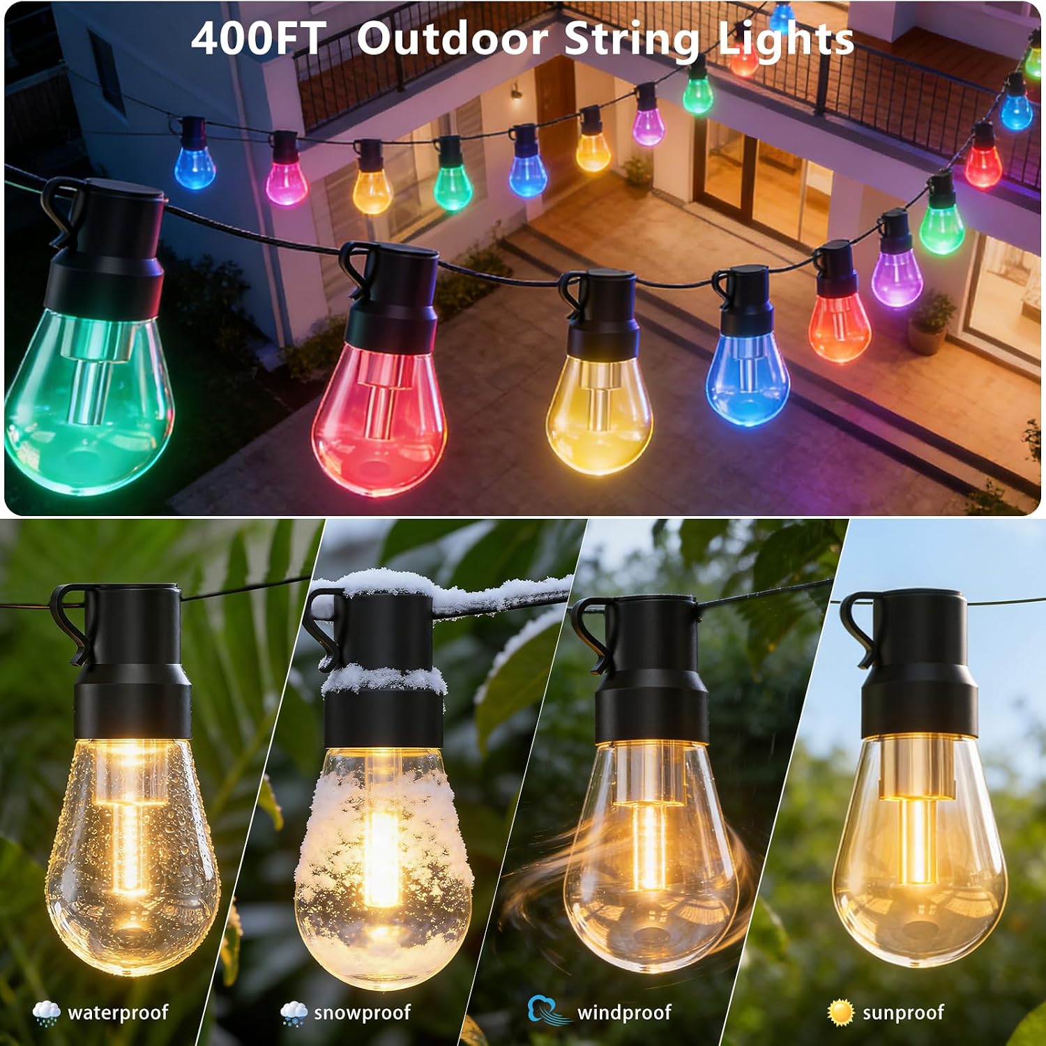 Outdoor String Lights 400 ft, RGB with IC, IP67 with App Control