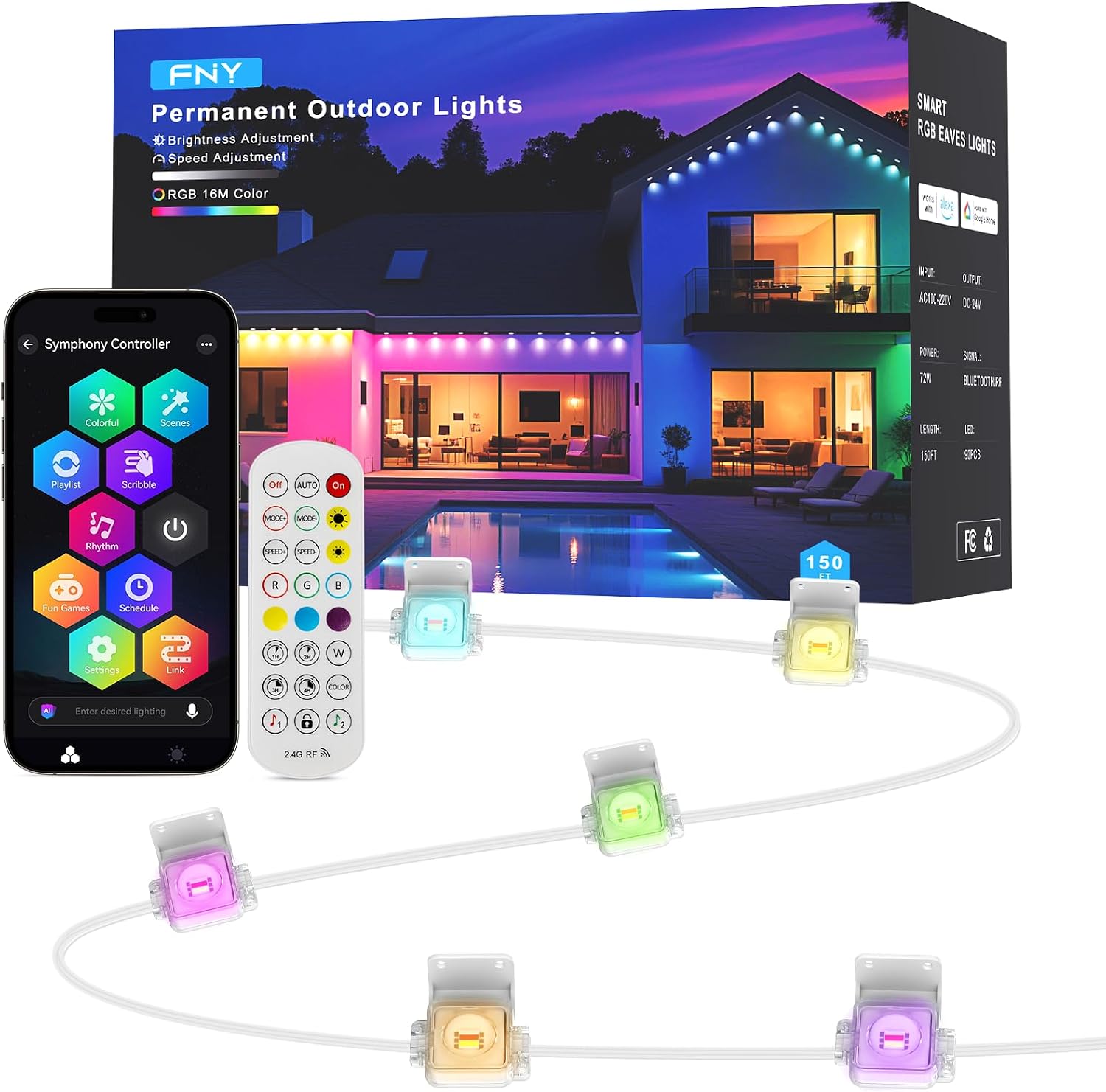 Permanent Outdoor Lights 150 ft, 90 RGB LED, IP67 with App and Remote