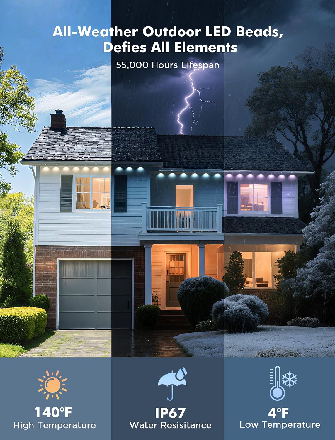 Permanent Outdoor Lights 150 ft, 90 RGB LED, IP67 with App and Remote