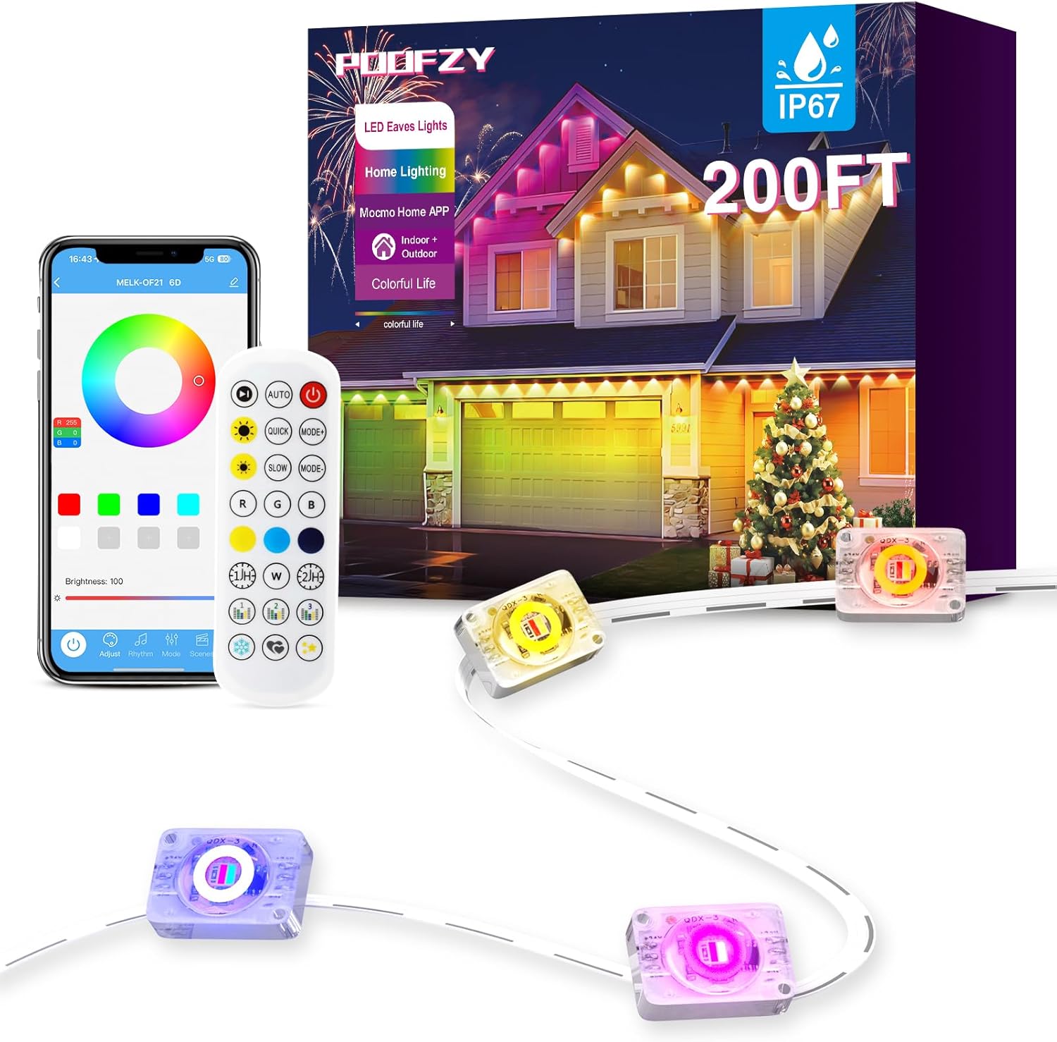 Permanent Outdoor Lights 200 ft, RGB with IC, 50 Scene Modes