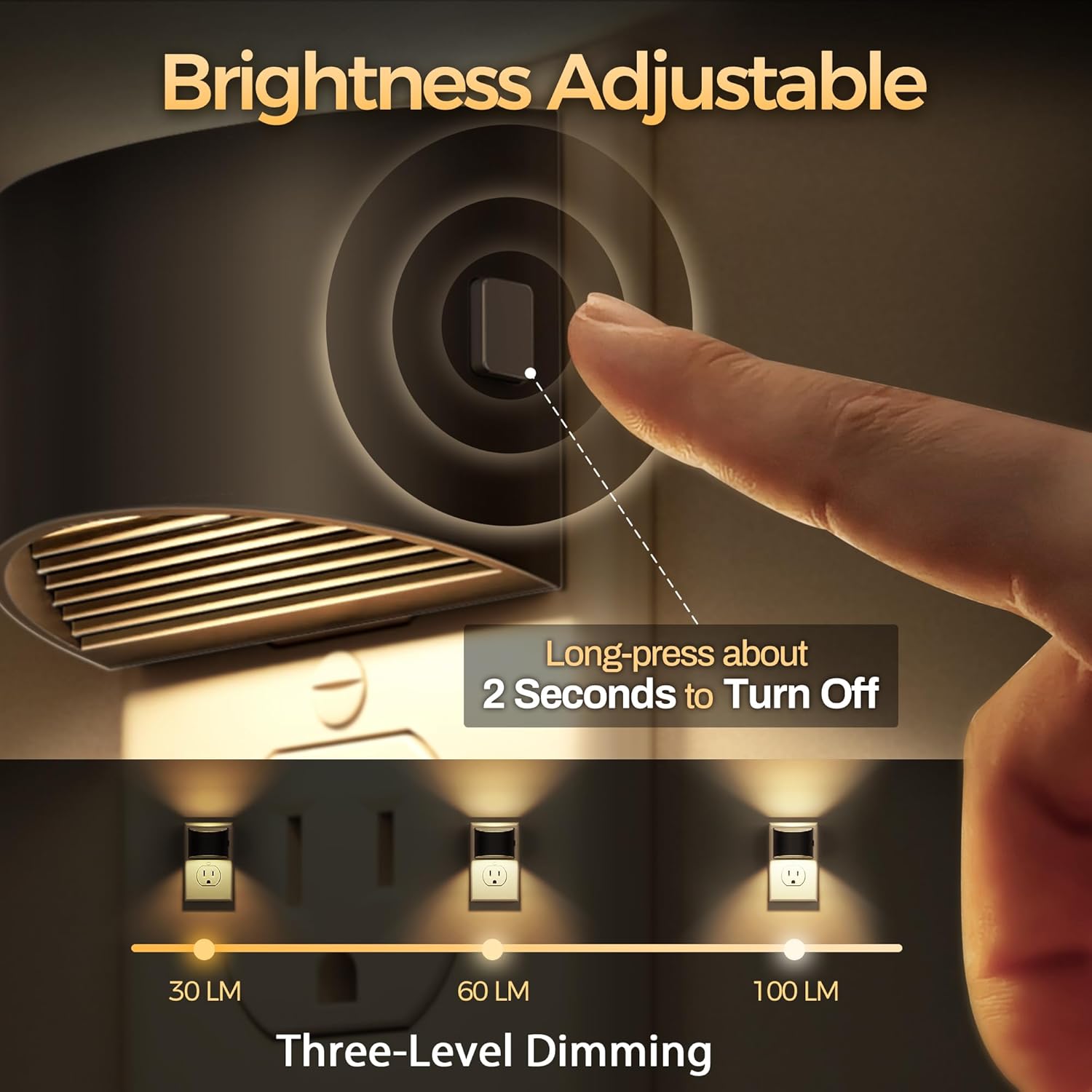 Plug In Night Light, 3000K, 3 Brightness Levels, Adjustable