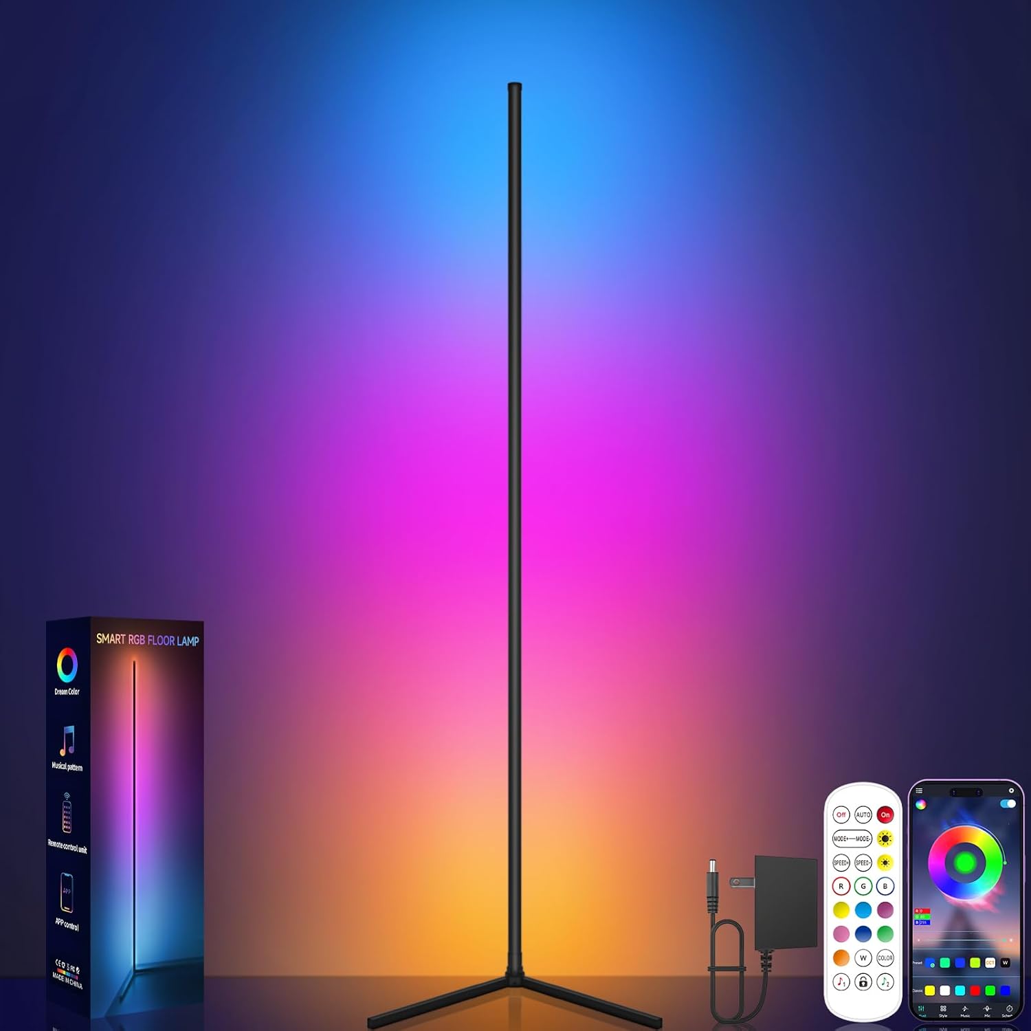 RGB Corner Floor Lamp with Music Sync, App and Remote Control