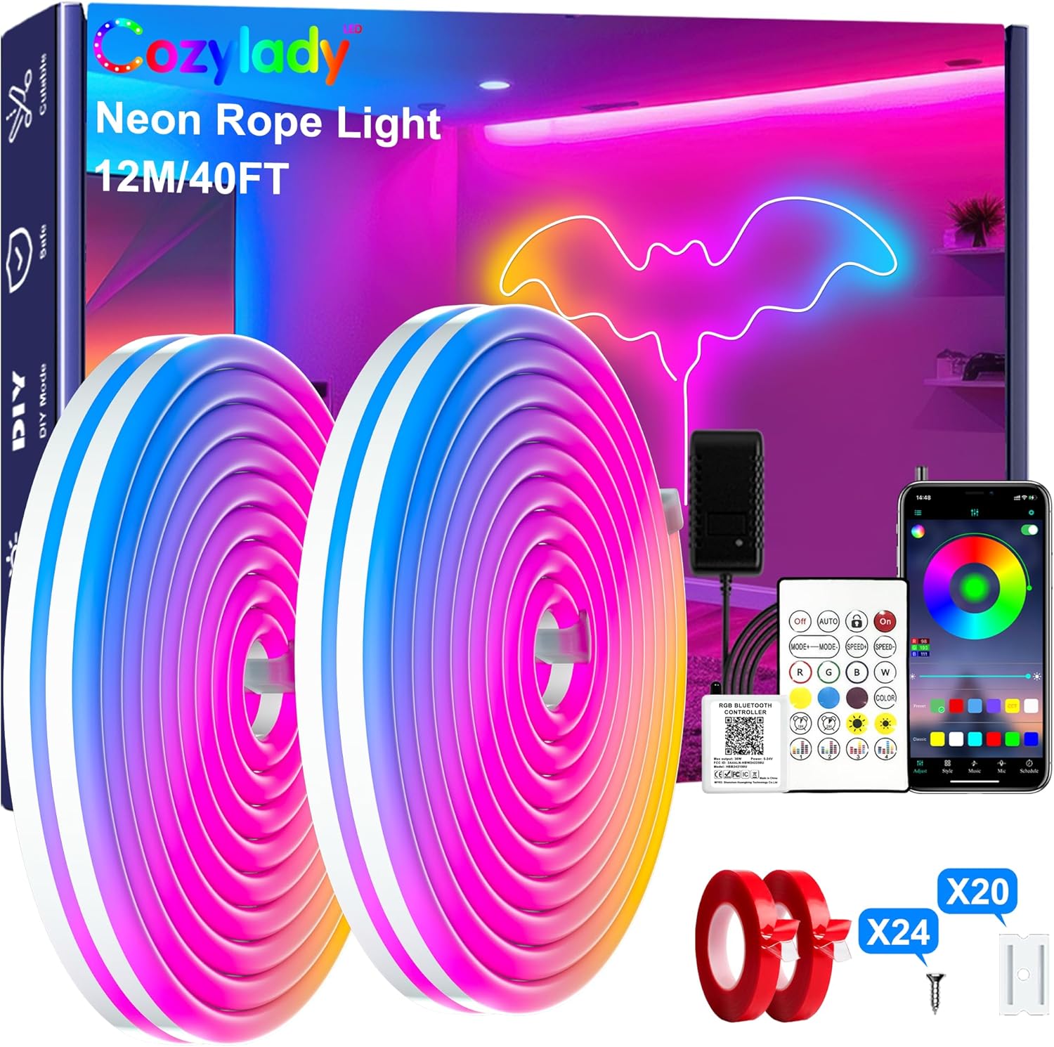 RGB Neon Rope Light 40 ft, 2 Rolls, Waterproof with App and Remote