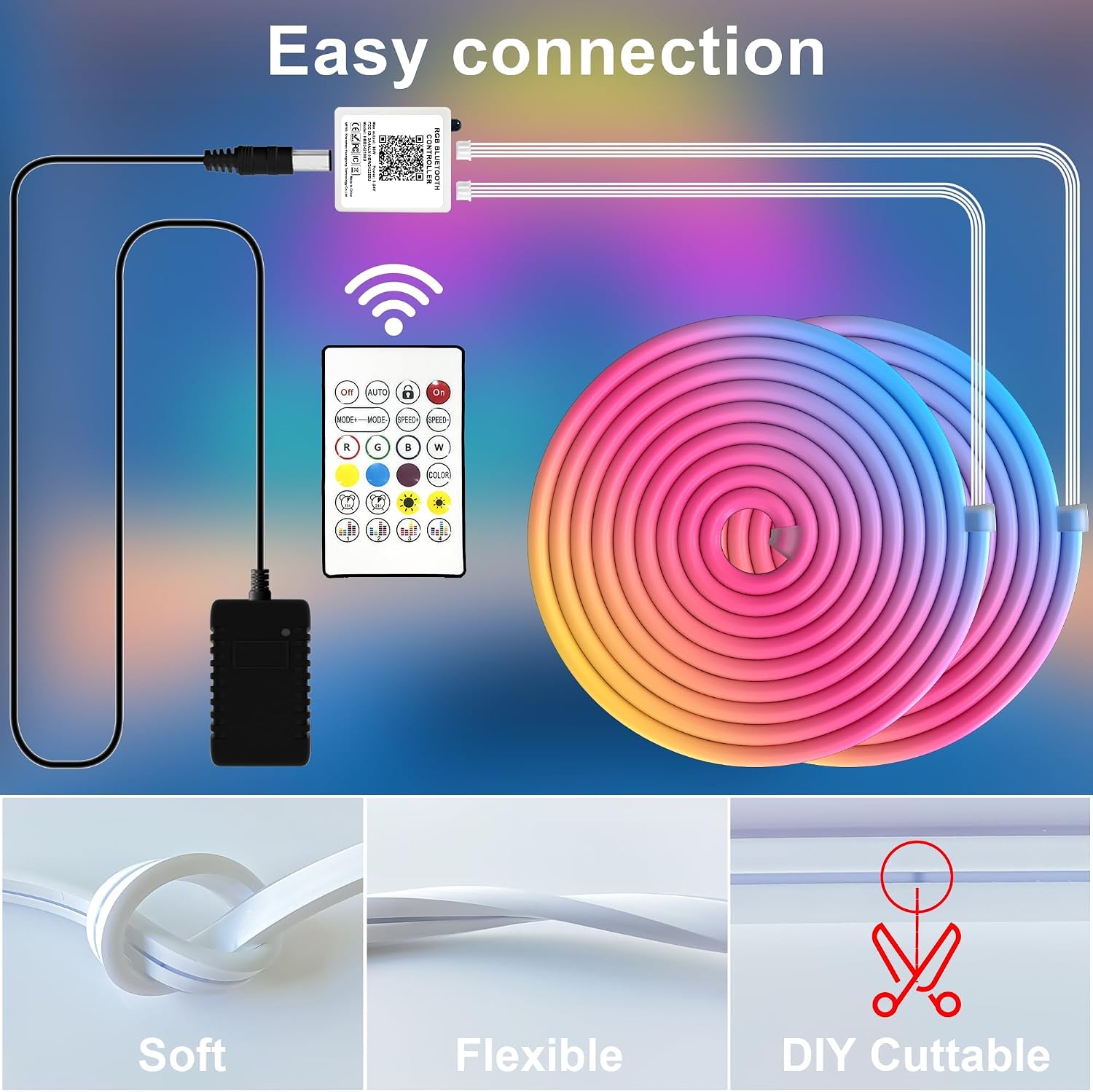 RGB Neon Rope Light 40 ft, 2 Rolls, Waterproof with App and Remote