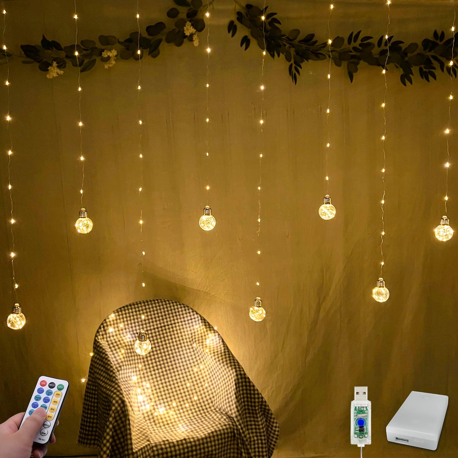 Wishing Ball Curtain String Lights 9.8 x 3.3 ft, USB or Battery